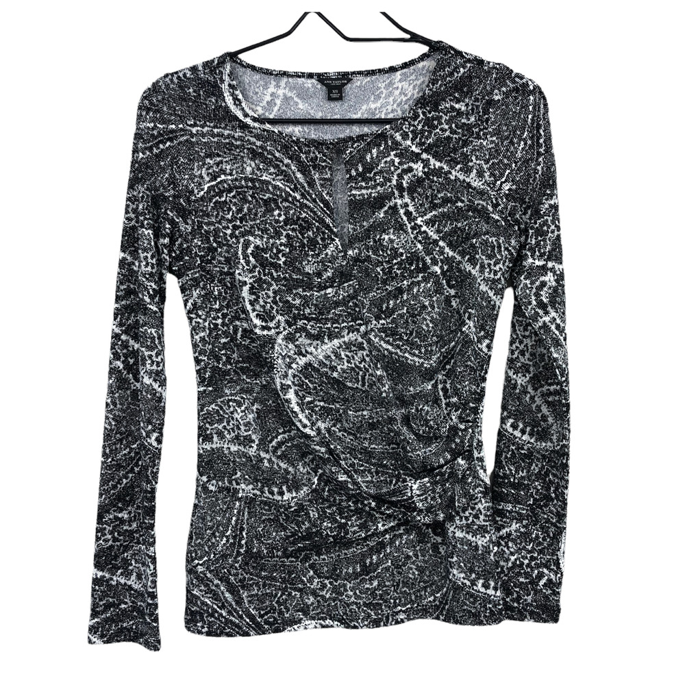 Ann Taylor Women's Keyhole Abstract Print Blouse Top XS Black White Long Sleeve